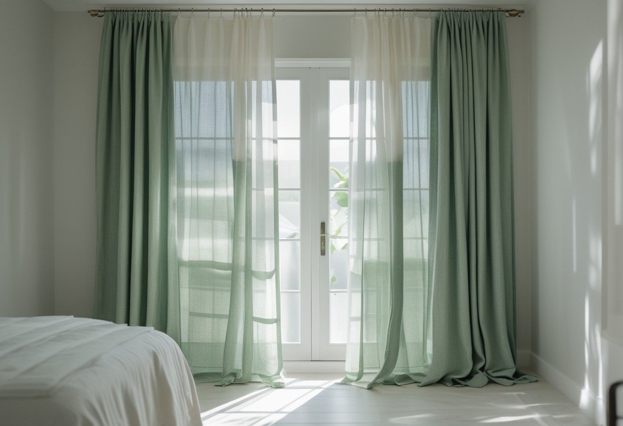 A bedroom with sage green linen curtains and layered sheer white curtains hanging over a window, with soft natural light coming through.