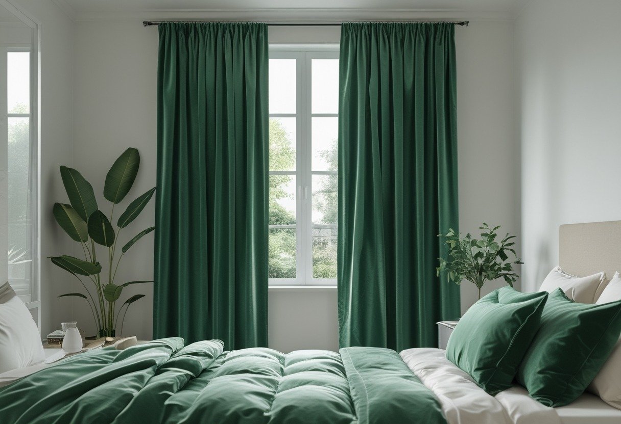 A bedroom with floor-to-ceiling emerald green velvet blackout curtains partially open beside a large window, a bed with green and neutral bedding, and a bedside lamp.