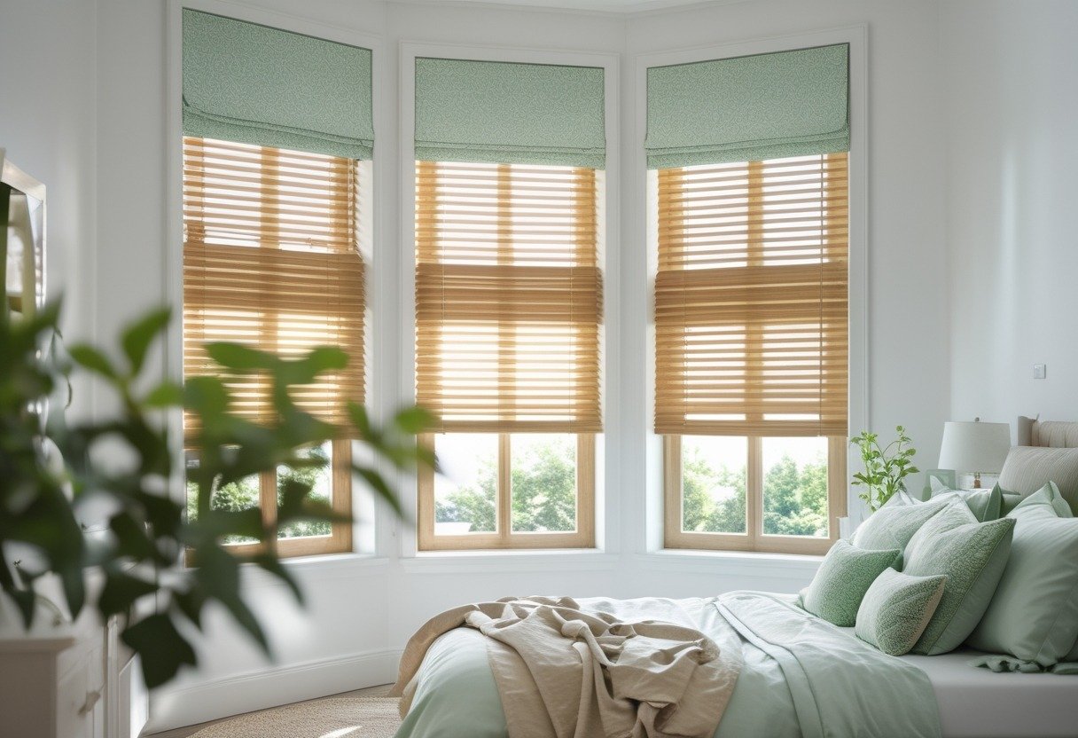 A bedroom with a large window covered by mint green patterned Roman shades and natural wood blinds, with a bed and soft natural light.