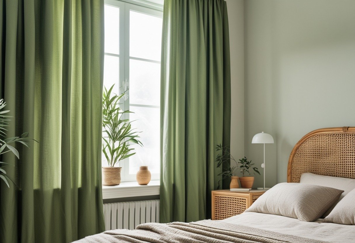 A bedroom with olive green curtains and a bed featuring a woven rattan headboard.
