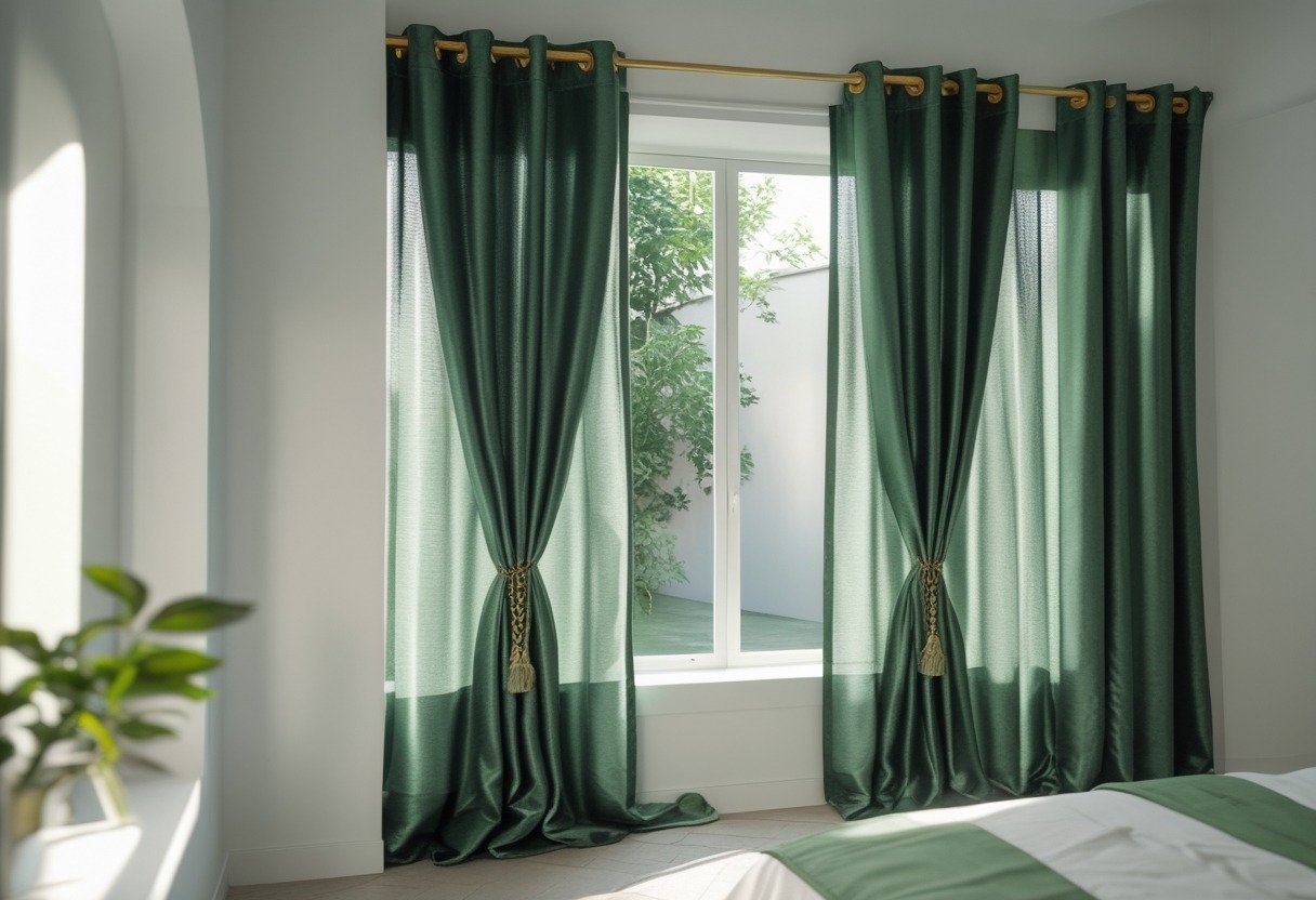 A bedroom with green silk curtains hanging beside a window, letting in natural light.