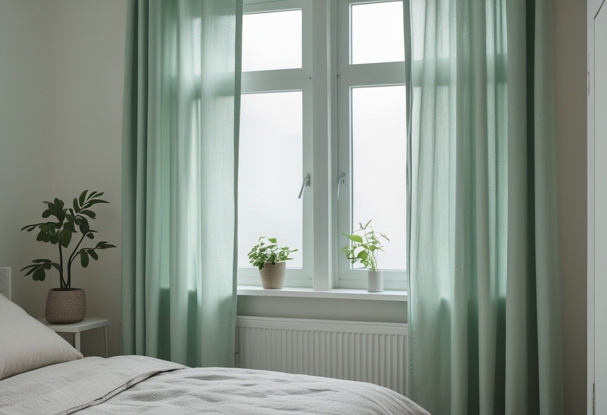 A small bedroom with seafoam green café curtains covering the lower half of a window, letting in natural light.