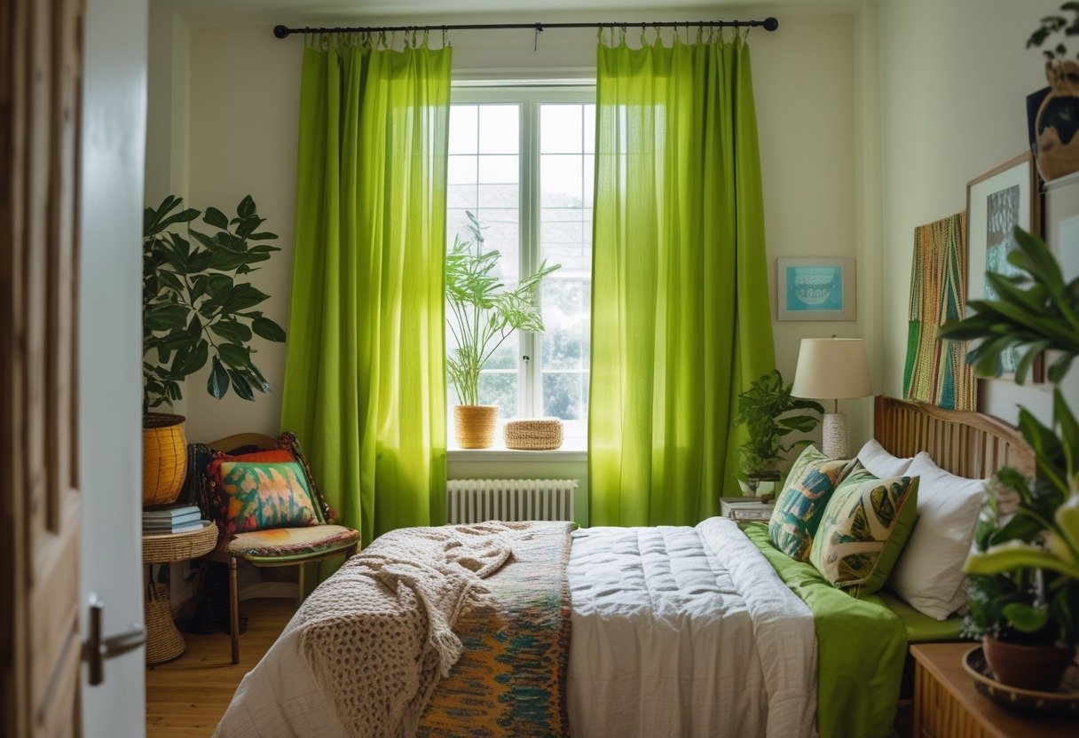A bedroom with bright green tie-top curtains on a window, colorful bedding, wooden furniture, and decorative plants.