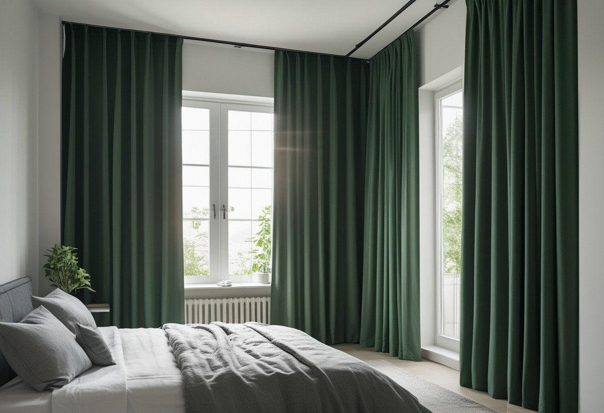 A bedroom with hunter green blackout curtains hanging from a ceiling-mounted track, a neatly made bed, and soft natural light coming through the window.