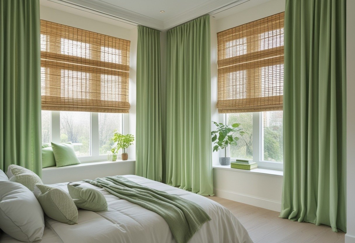 A bedroom window with pistachio green panels layered over bamboo shades, letting in soft natural light.