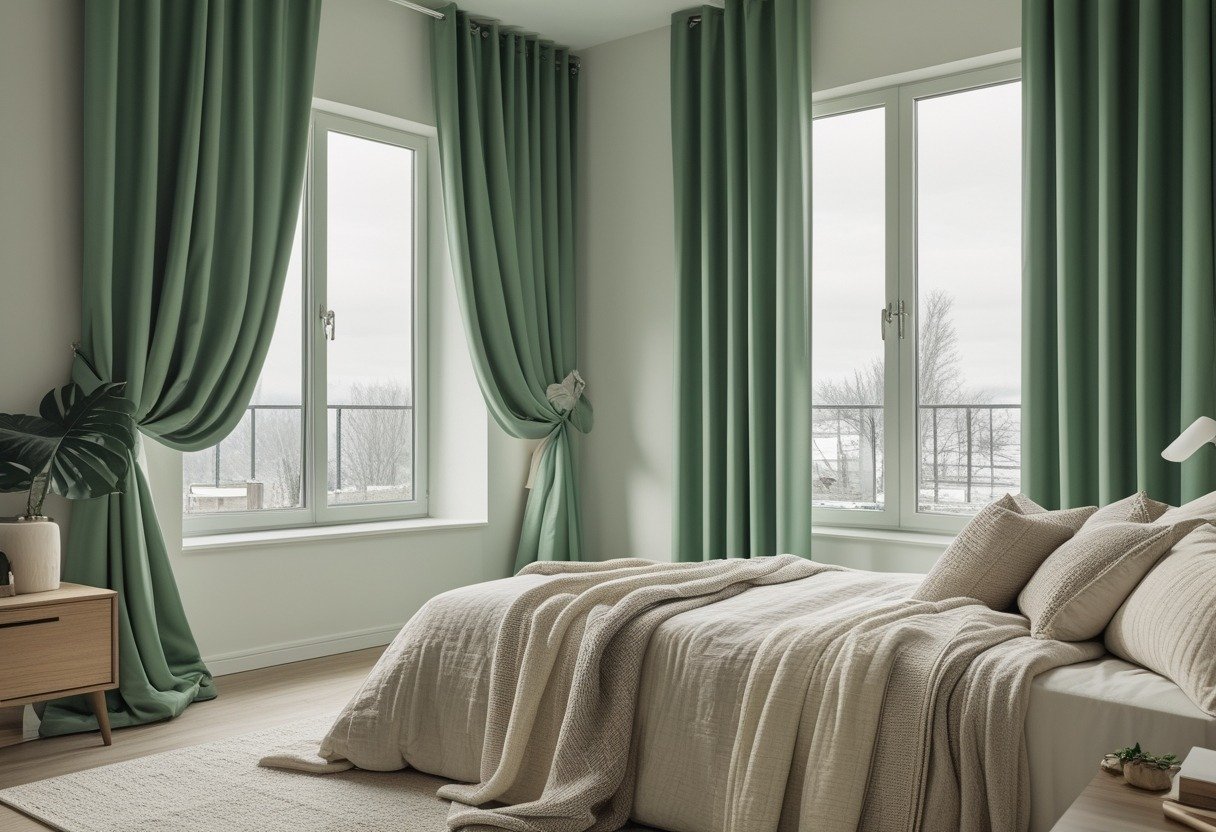 A bedroom with jade green blackout curtains and a bed with neutral textured bedding.