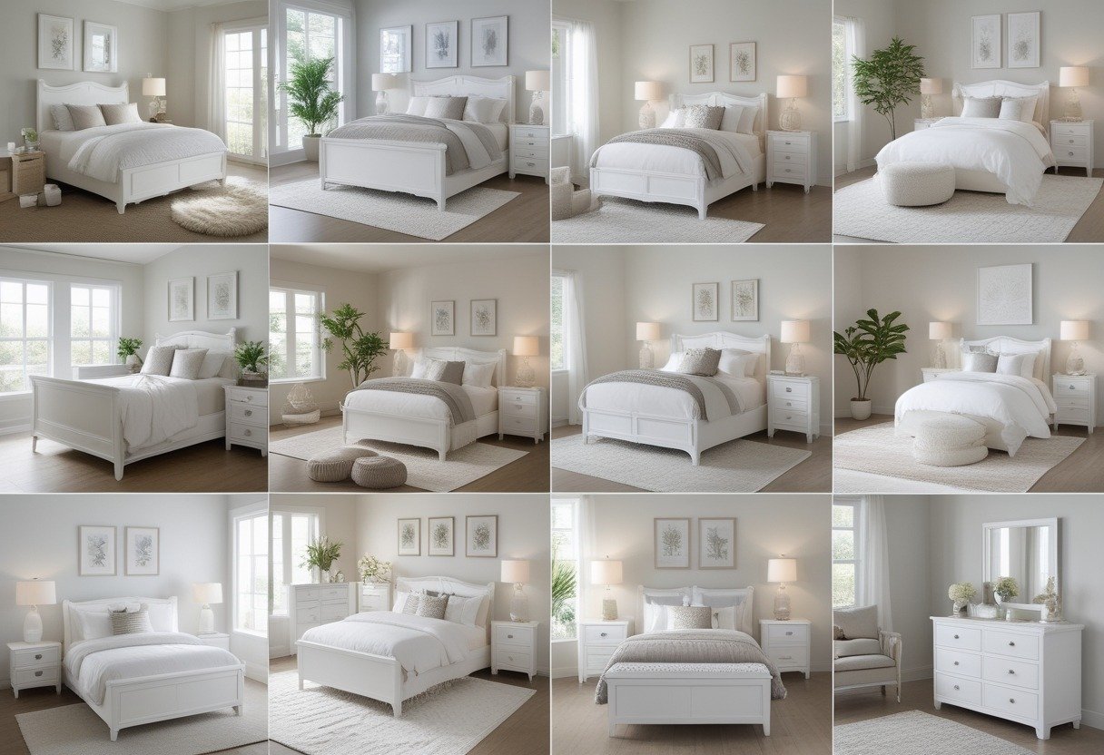 A collection of twelve bedrooms with white furniture including beds, nightstands, and dressers arranged in different layouts.