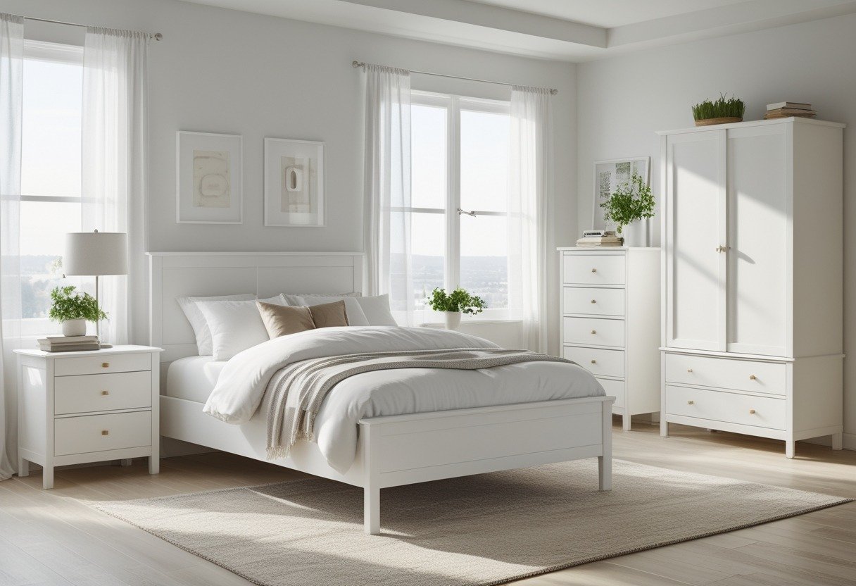 A bright bedroom with a white bed frame, white furniture, and natural light coming through large windows.