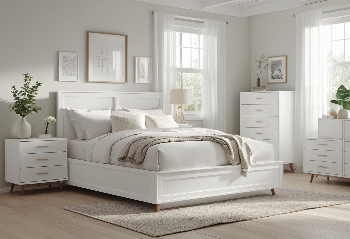 A bright bedroom with a white storage bed, white furniture, and natural light coming through large windows.
