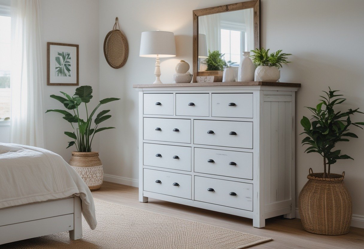 A bright bedroom with a white dresser, a bed with white linens, plants, and decorative items.