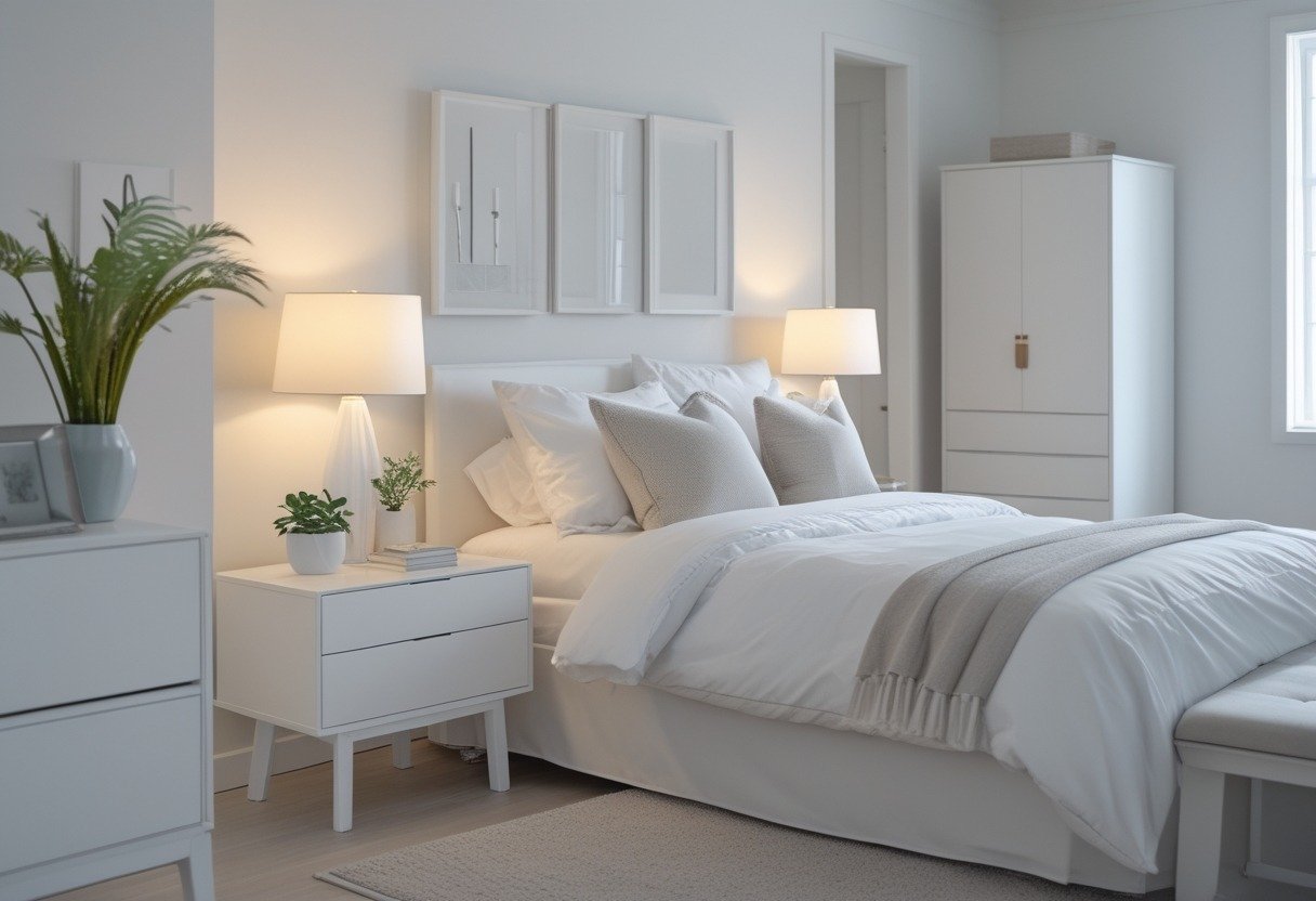 A bright bedroom with a white nightstand next to a bed, featuring white furniture and natural light.