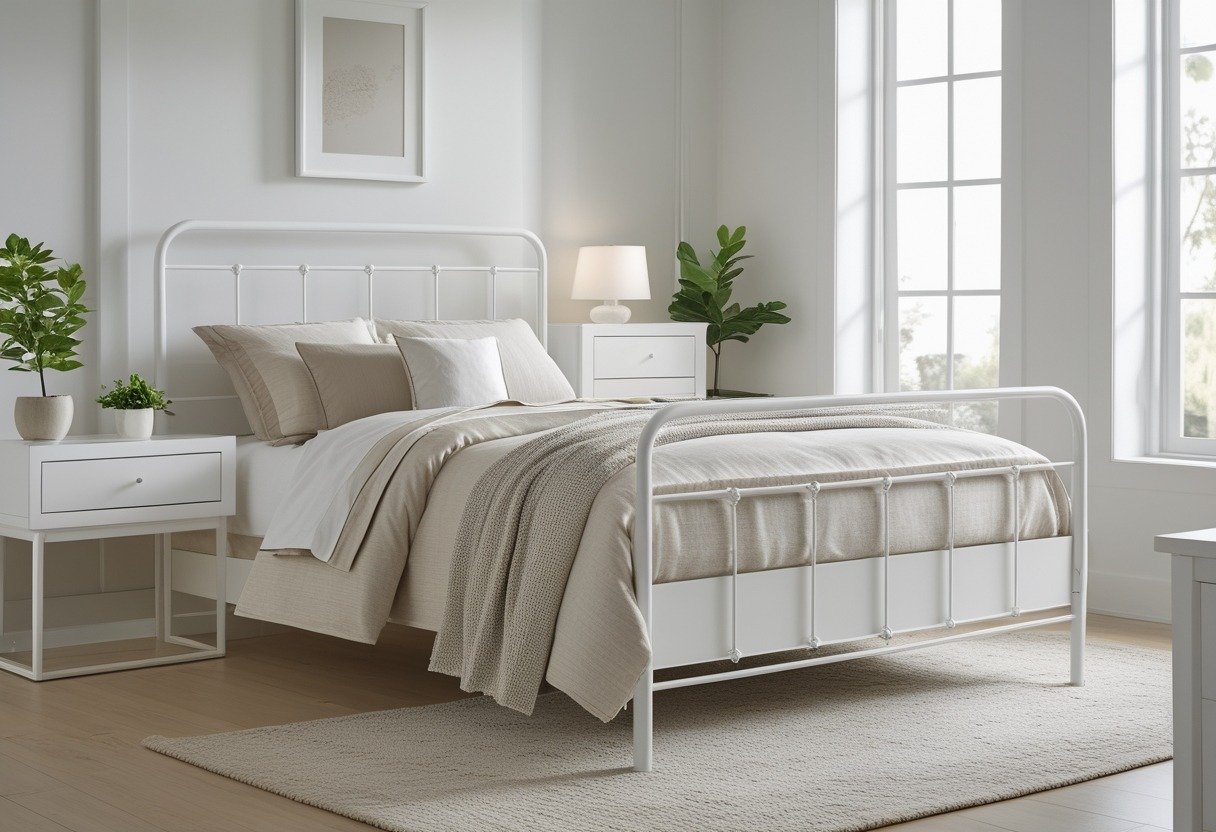 A bright bedroom with a white metal bed, white furniture, and natural light coming through large windows.