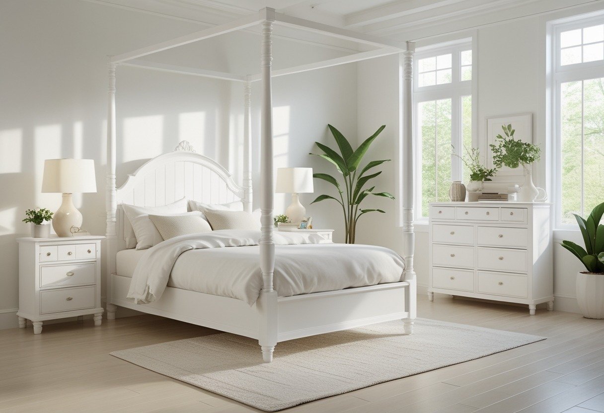 A bright bedroom with a white canopy bed, white furniture, natural light, and simple decor.