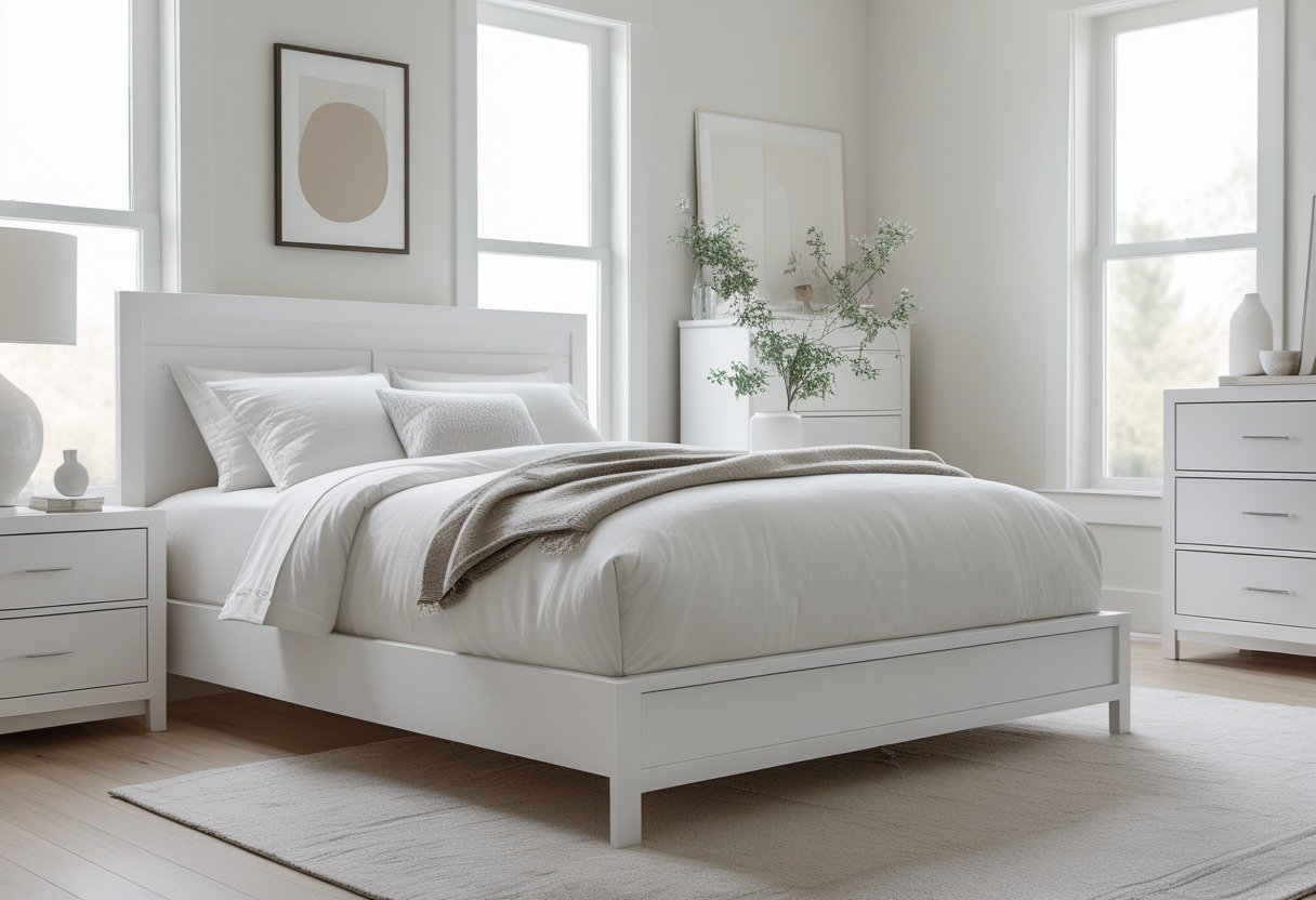 A bedroom with a white platform bed, white furniture, and natural light coming through windows.