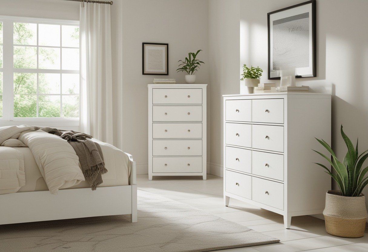 A bright bedroom with a tall white dresser, white bed, and nightstands, softly lit by natural light from a window.