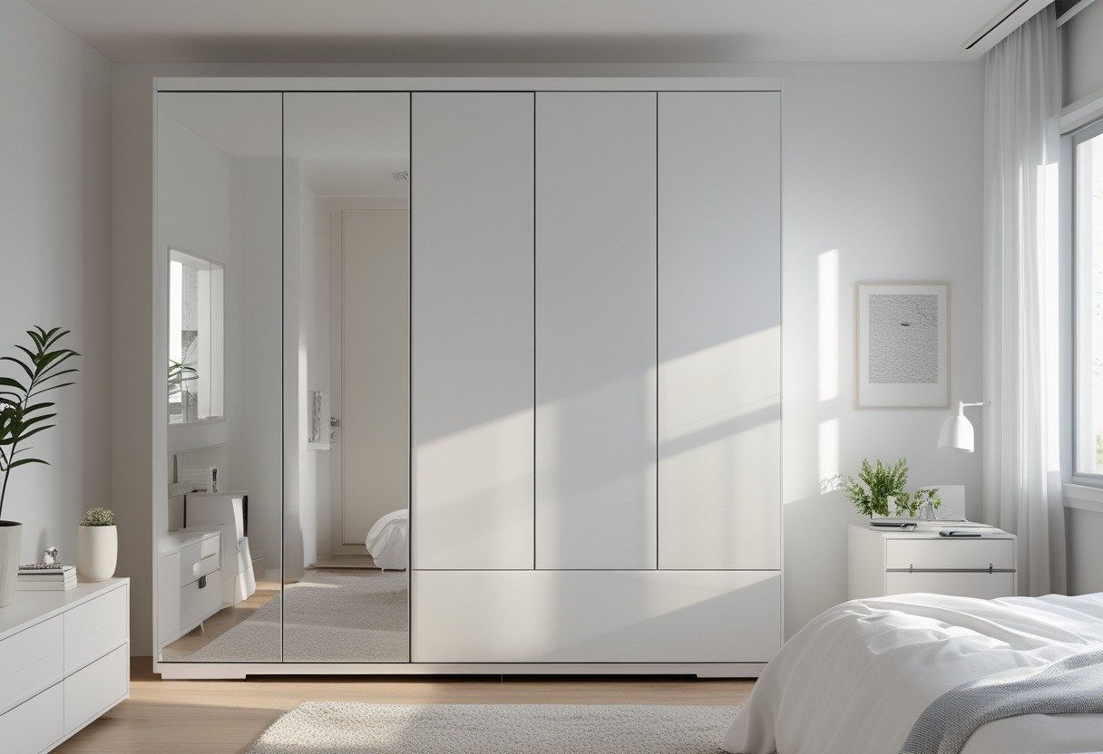 A bright bedroom with a white wardrobe, bed, and bedside tables, illuminated by natural light from large windows.