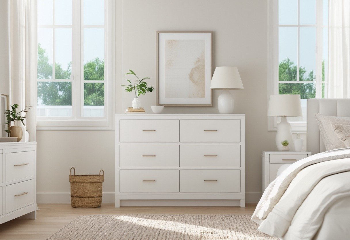 A bright bedroom with a white six-drawer dresser, bed, and nightstands, illuminated by natural light from large windows.