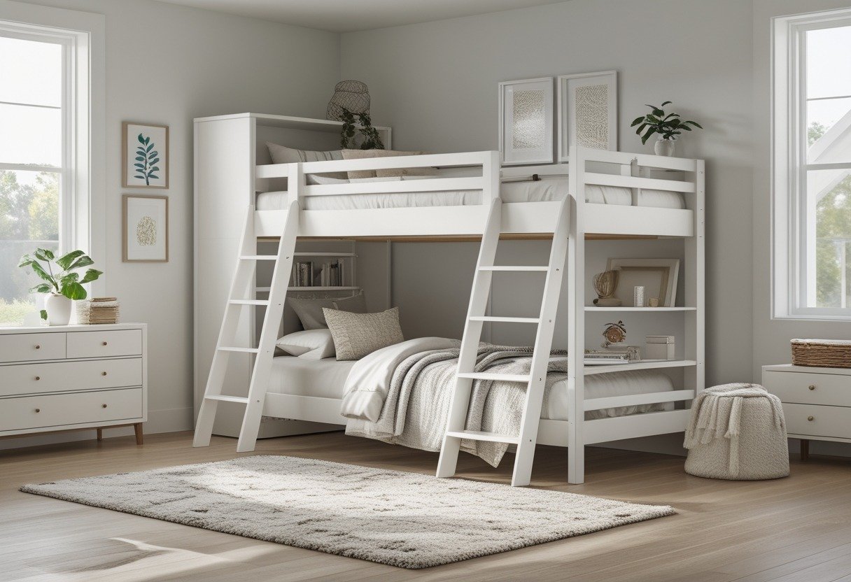 A bright bedroom with a white loft bed, ladder, and white furniture including a dresser and shelves, with natural light coming through large windows.
