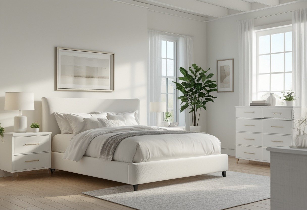 A bright bedroom with a white upholstered bed, white furniture, and natural light coming through windows.