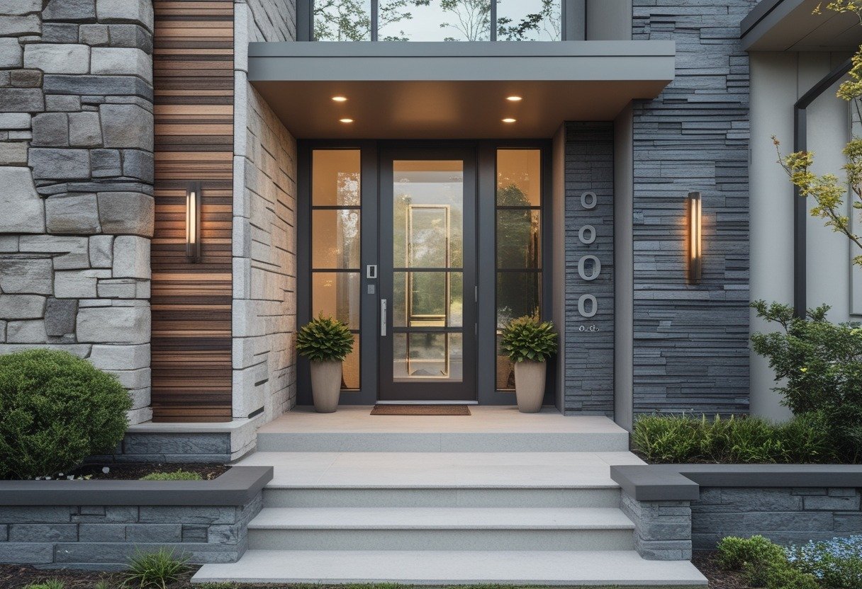 Front entry of a house showing a variety of entrance wall designs around the main door.