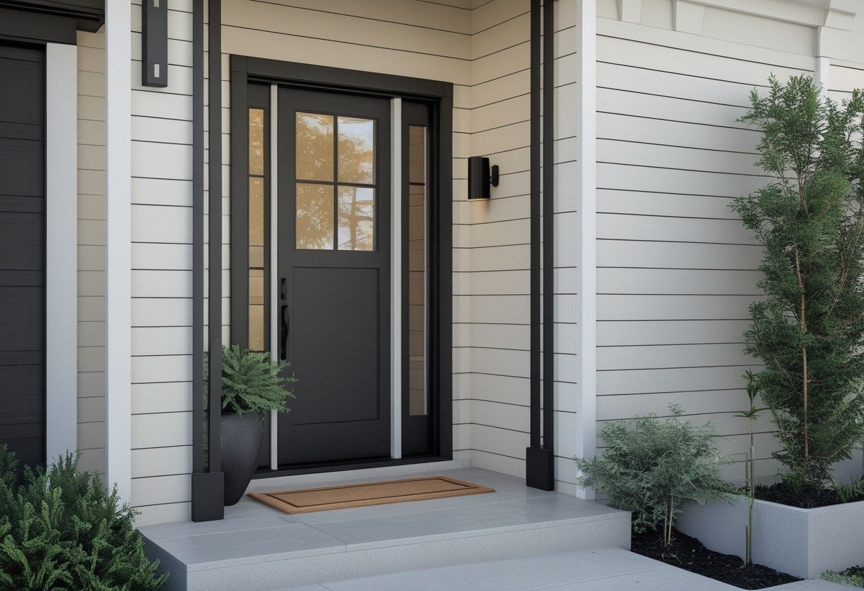 Front entryway with a light-colored shiplap wall and black trim surrounding a black door, featuring a doormat and a potted plant.
