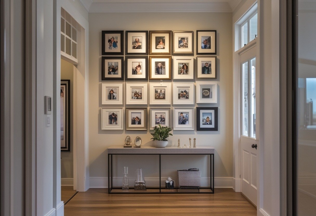 Front entryway with a gallery wall of mixed-frame family photos arranged in a grid above a console table.