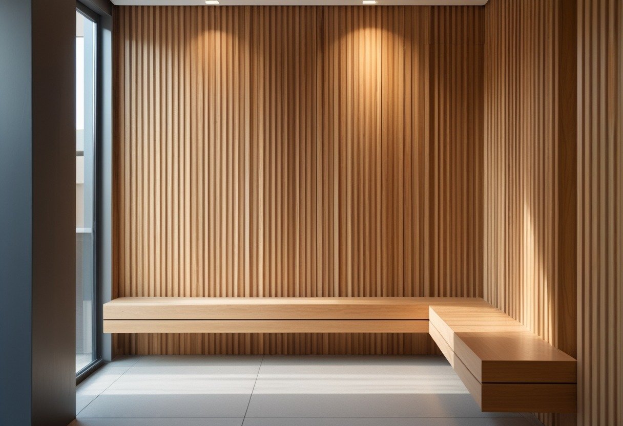 Entrance area with a vertical wood slat wall and an integrated wooden bench beneath it.