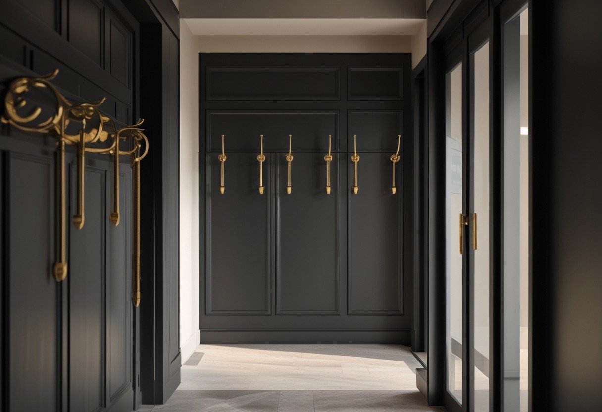 Front entryway with a matte-black wall and brass hooks for hanging items.