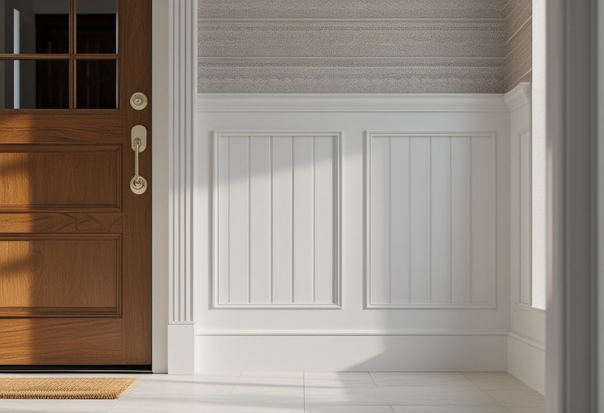 Front entryway wall with white wainscoting and patterned wallpaper above, next to a wooden front door.
