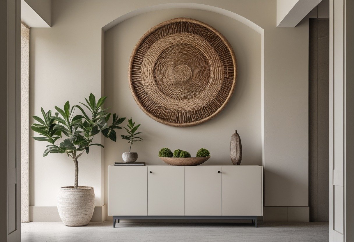 Entrance hallway with a large round woven wall art above a console table decorated with plants and books.