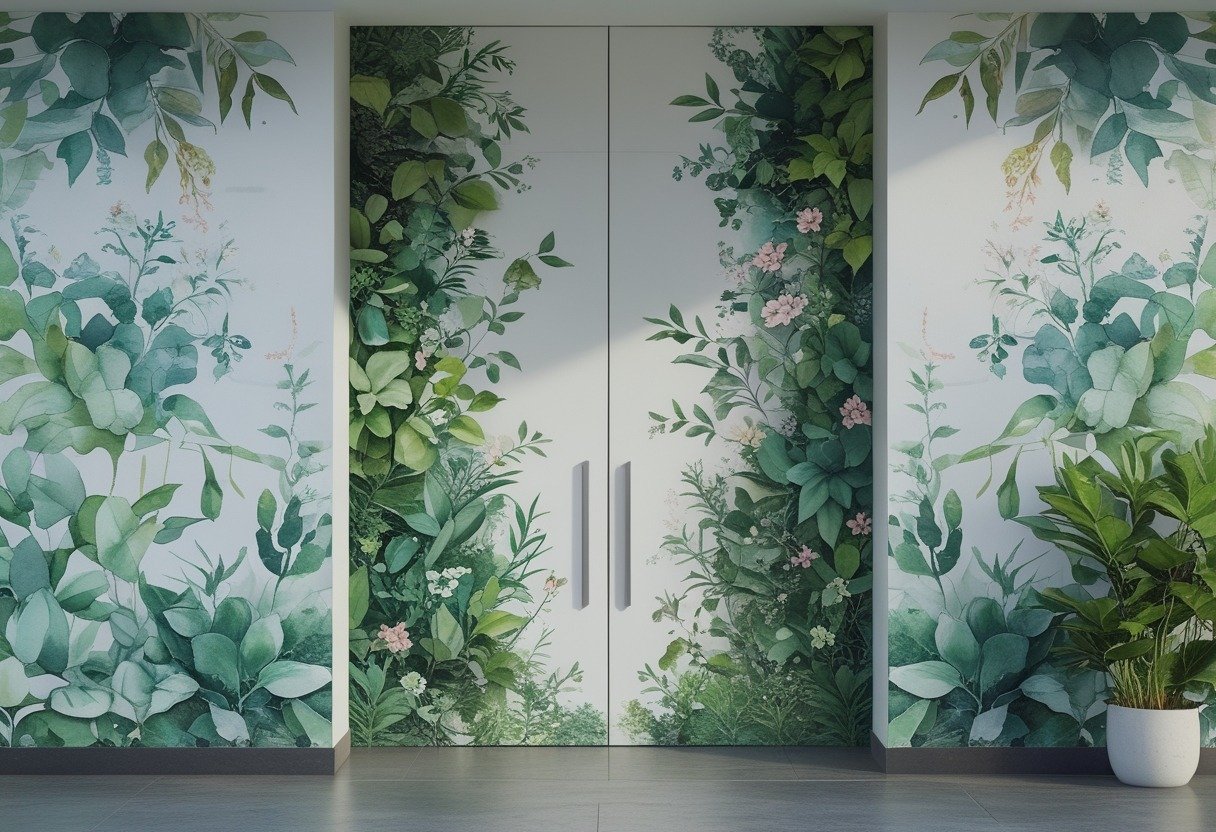 Front entry wall with a large botanical mural featuring leaves and flowers.
