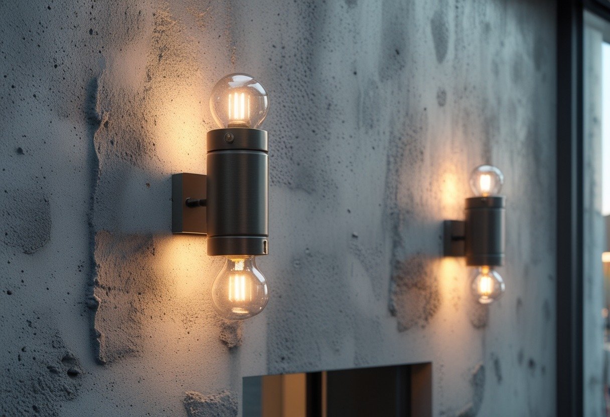 Front entrance wall with raw concrete plaster and two industrial wall sconces emitting warm light.