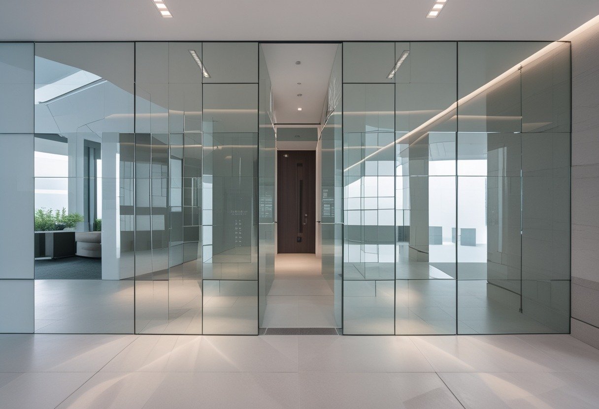 Entrance area with a mirrored wall made of staggered glass panels reflecting the surroundings.