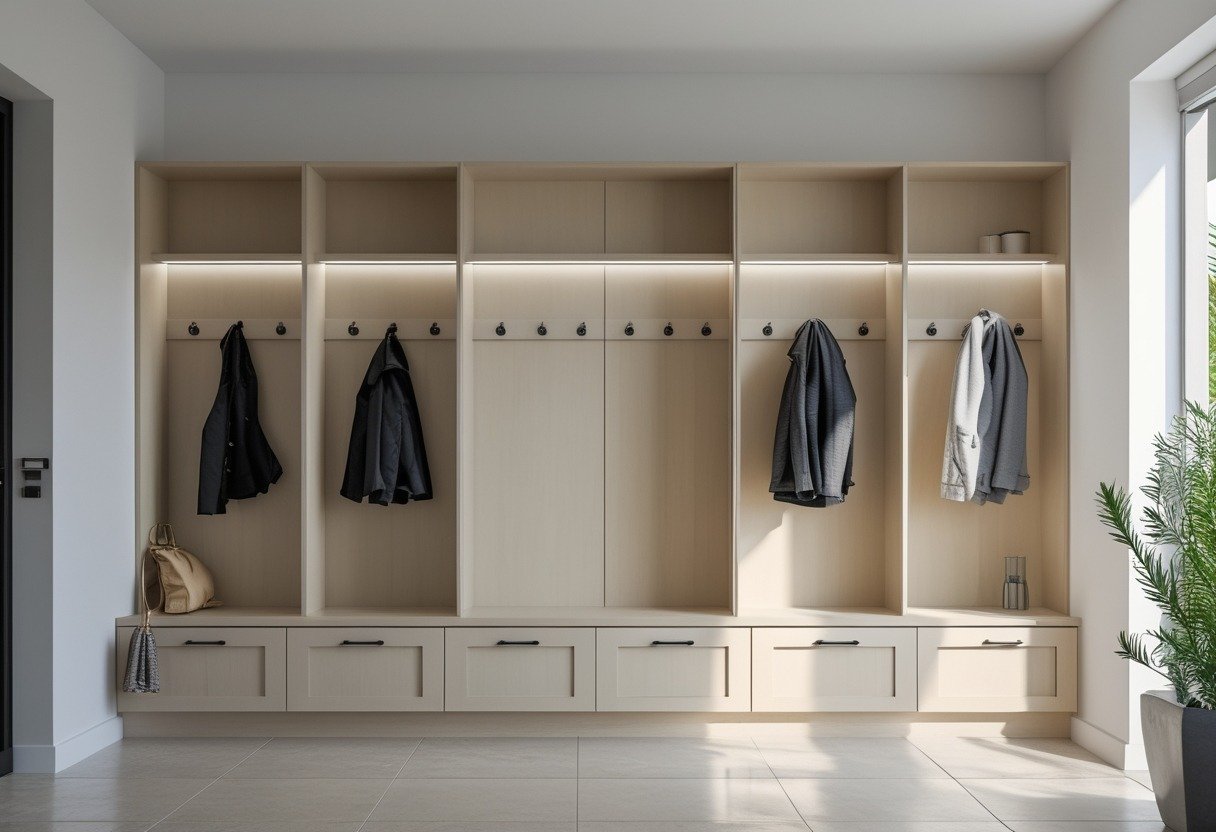 Built-in cubby wall with cubby doors and coat pegs in a bright front entryway.
