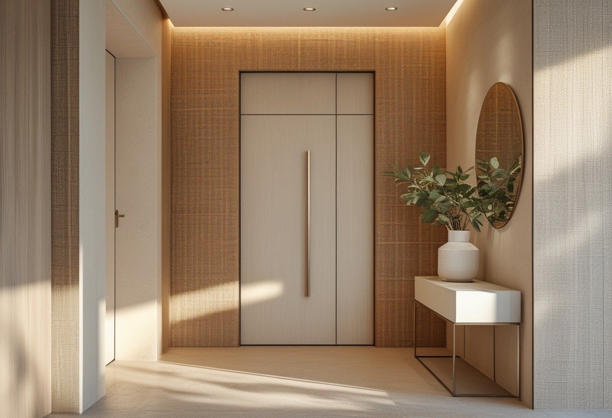 A front entryway featuring a textured wall with warm neutral tones and simple decor including a console table and a vase with greenery.