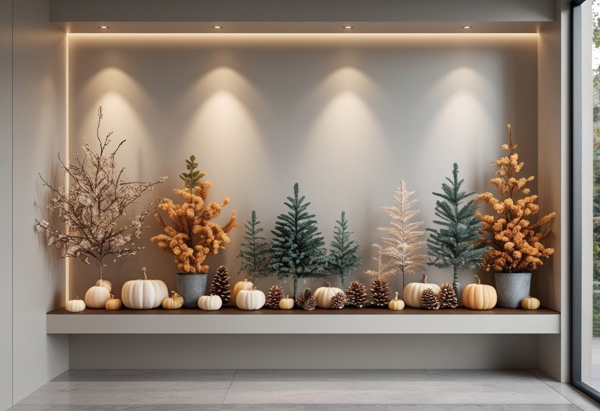 A floating shelf on an entrance wall displaying a variety of seasonal decorations including pumpkins, pinecones, miniature pine trees, and string lights.