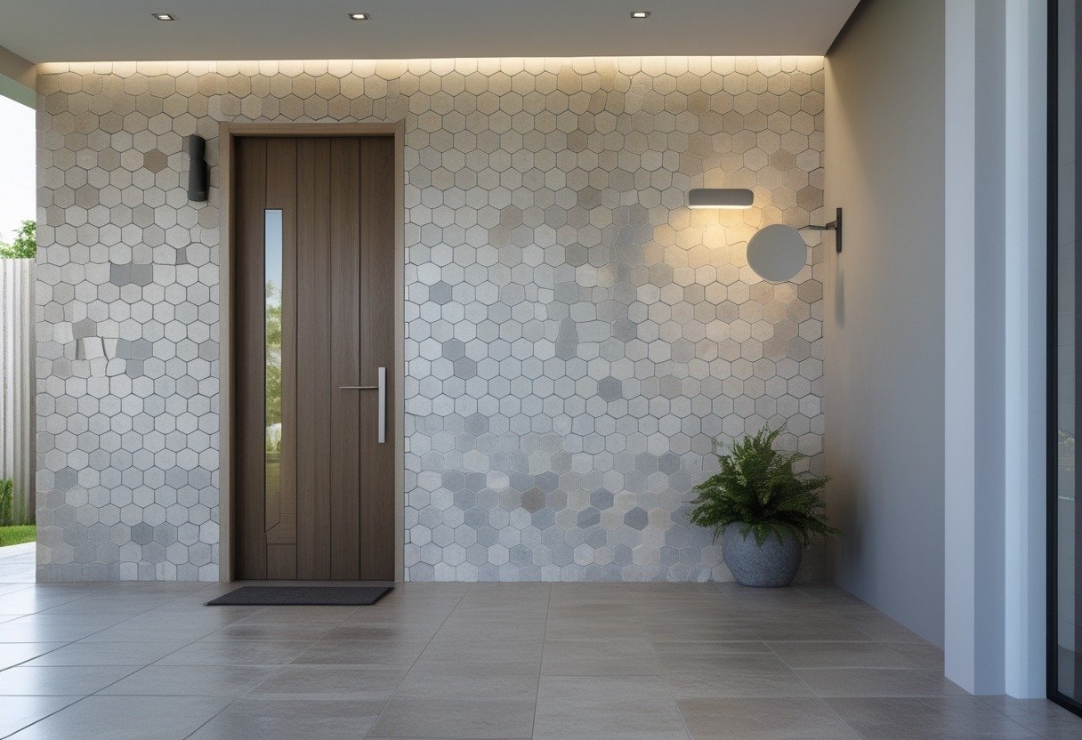Front entryway with a hexagonal tile wall extending from floor to waist height next to a wooden door and a small potted plant.