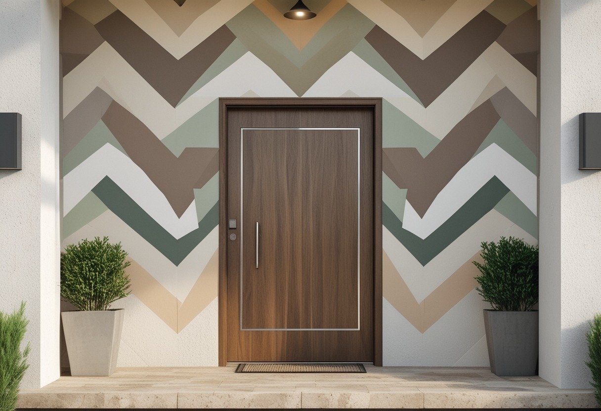 Front entryway with a geometric chevron patterned wall in muted colors, a modern wooden door, stone tile floor, and a small potted plant.