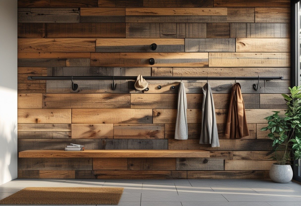 Front entryway with a wooden plank wall and a coat rod holding coats and scarves.