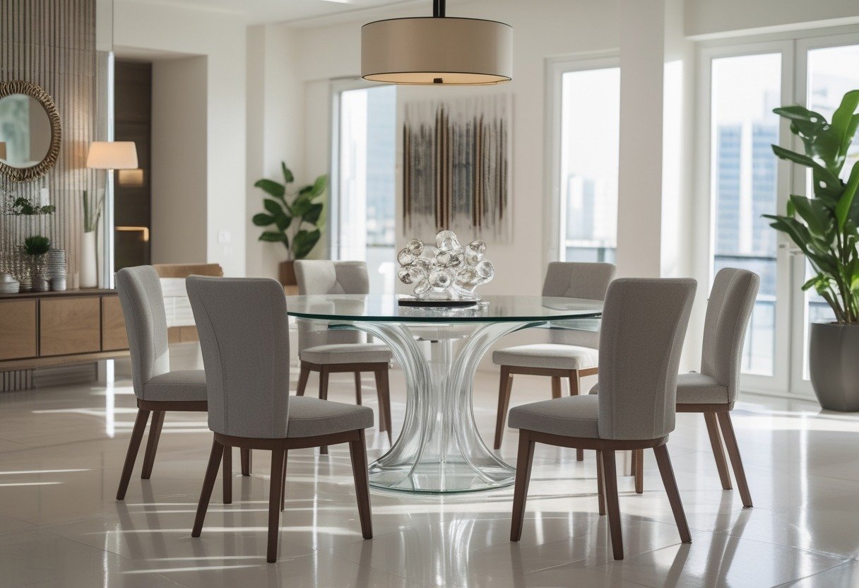 A bright dining room with a round glass table surrounded by chairs, decorated with a centerpiece, lighting fixtures, and plants.