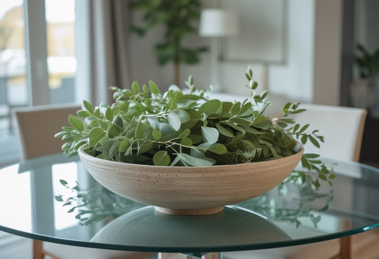 A round glass dining table with a low ceramic bowl filled with seasonal greenery in the center.