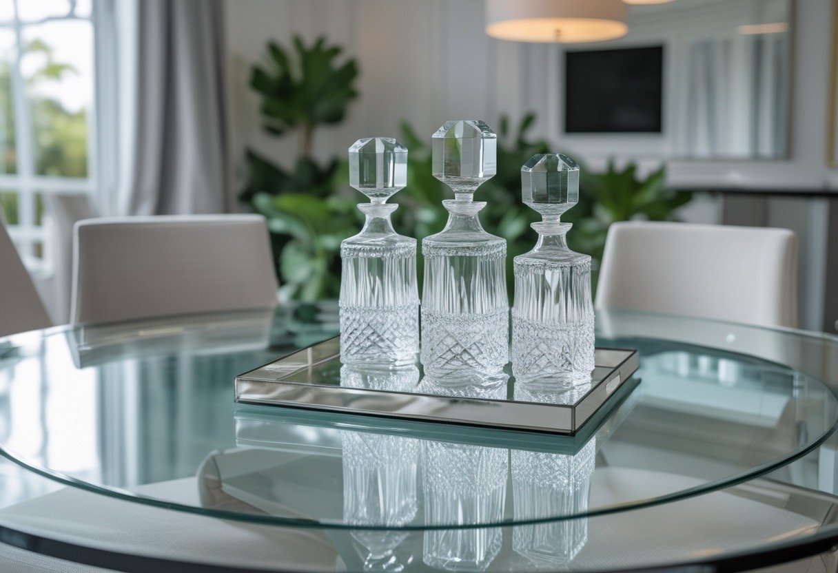 A round glass dining table with a mirrored tray holding three crystal decanters in a bright dining room.