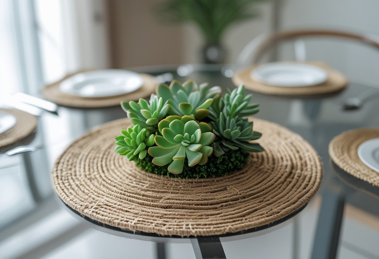 A small succulent arrangement on a round woven jute placemat on a round glass dining table.