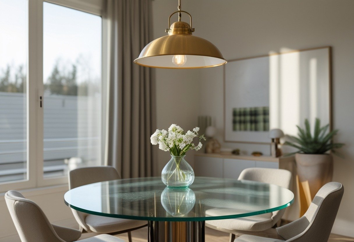 Dining room with a round glass table and a brass pendant light hanging above it.