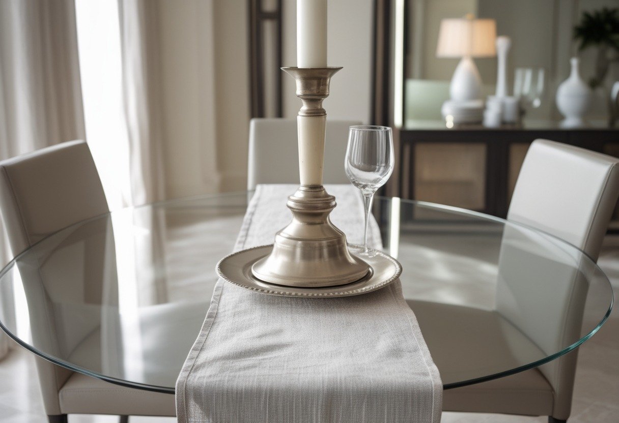 A round glass dining table with a slim linen runner and a single tall candleholder in the center, surrounded by dining chairs in a well-lit room.