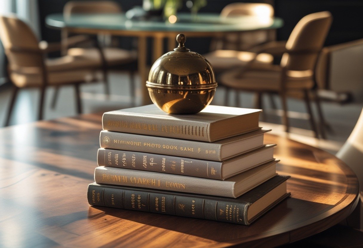 A small stack of coffee-table books topped with a vintage brass orb placed near a round glass dining table.