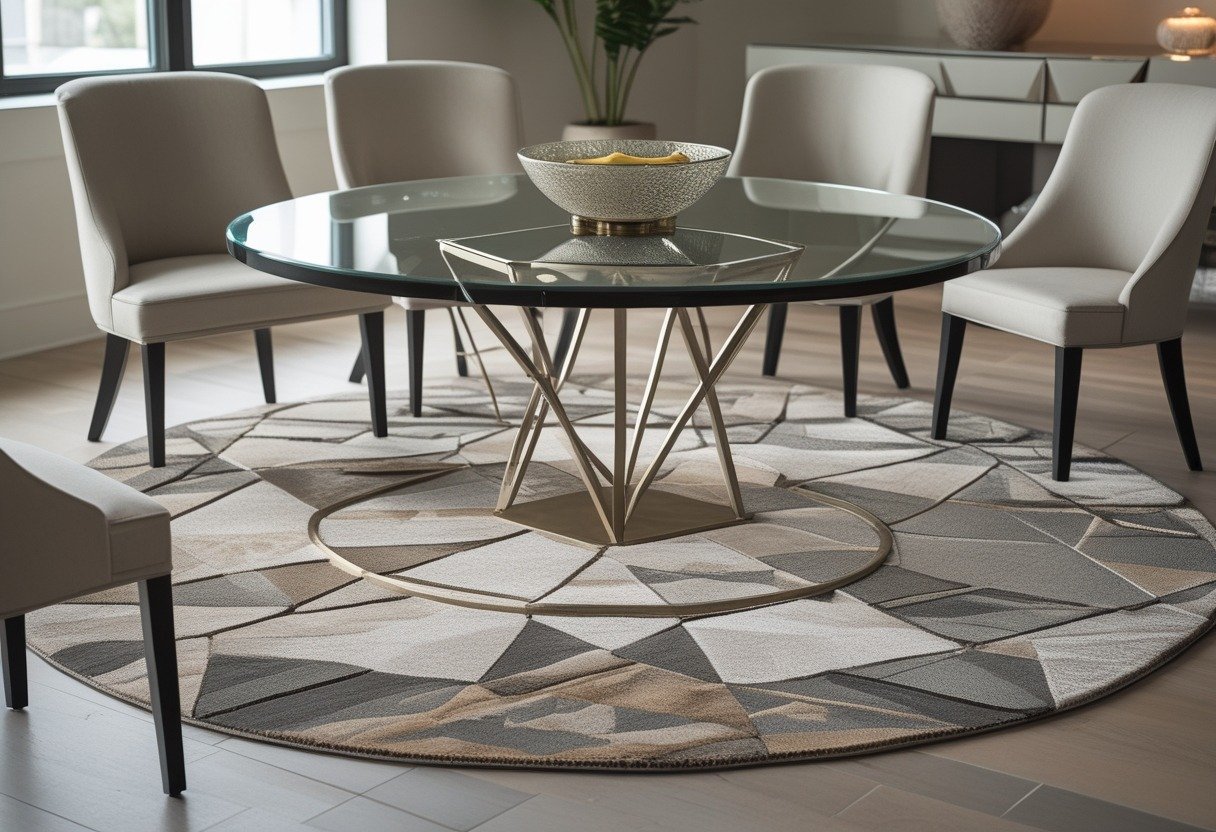A dining room with a round glass table placed on a geometric metal base rug in muted tones, surrounded by dining chairs and natural light.