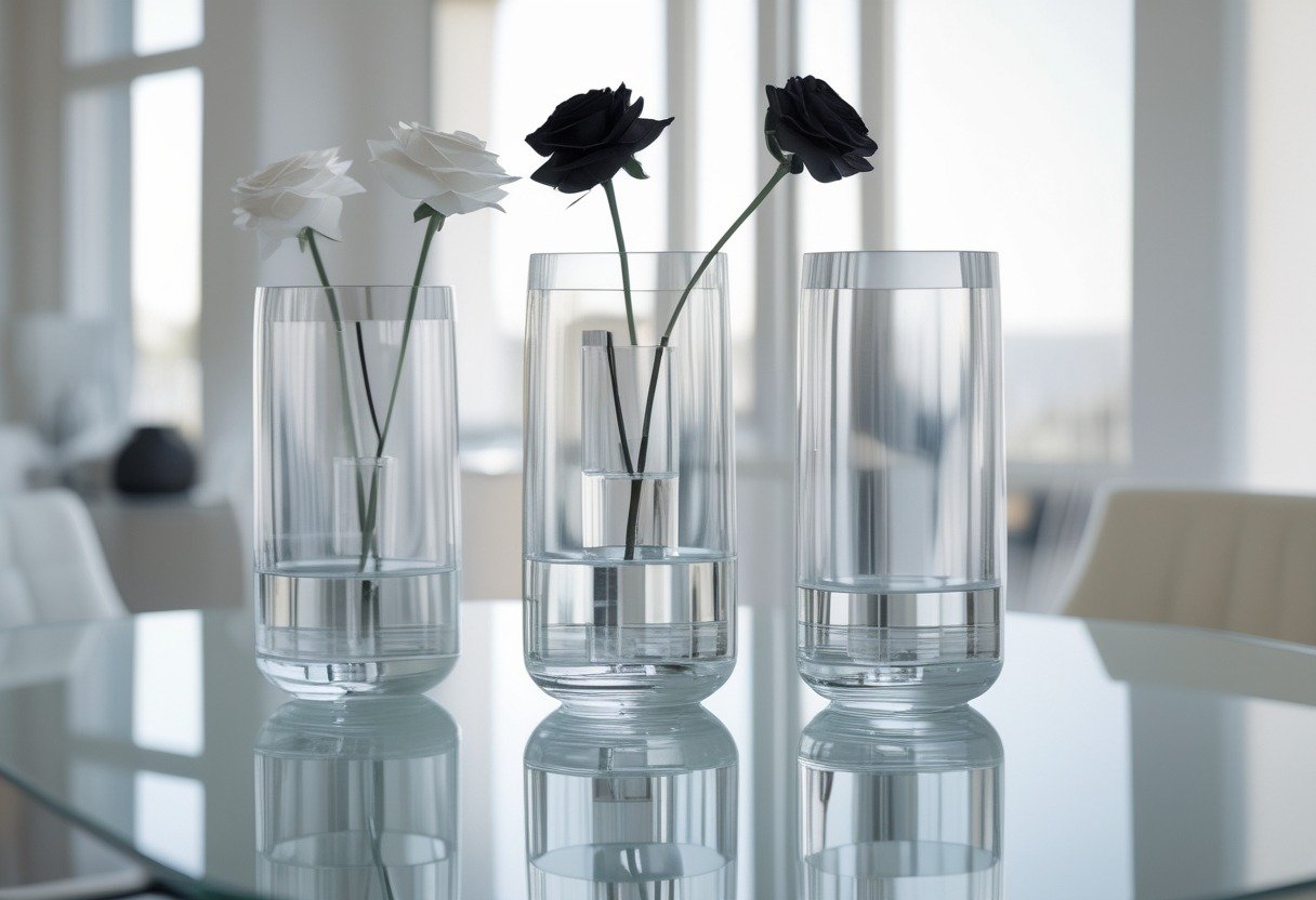 Three glass vases of different heights with single monochrome stems arranged on a round glass dining table in a dining room.