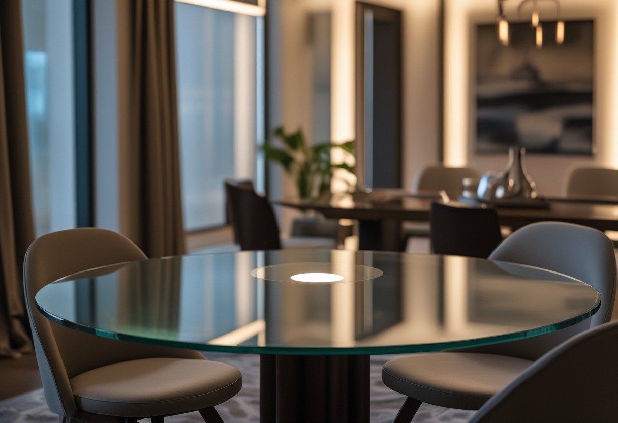 A round glass dining table with a soft warm light glowing underneath, surrounded by chairs in a decorated dining room.
