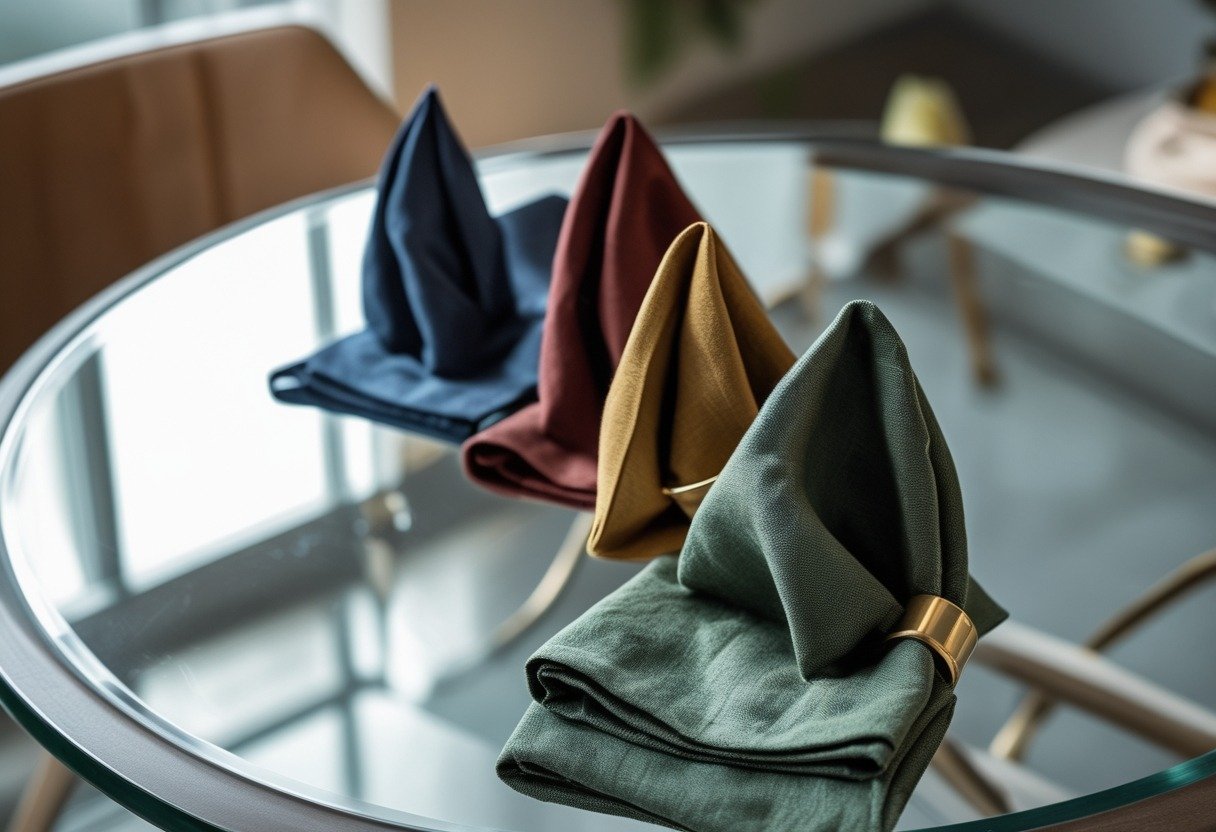 Round glass dining table with four linen napkins in different colors, each secured by a brass napkin ring.